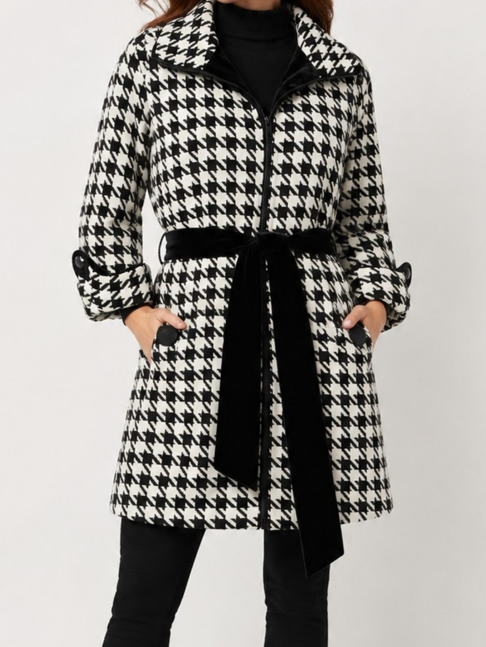 Houndstooth Coat with Black Velvet‎ Belt.